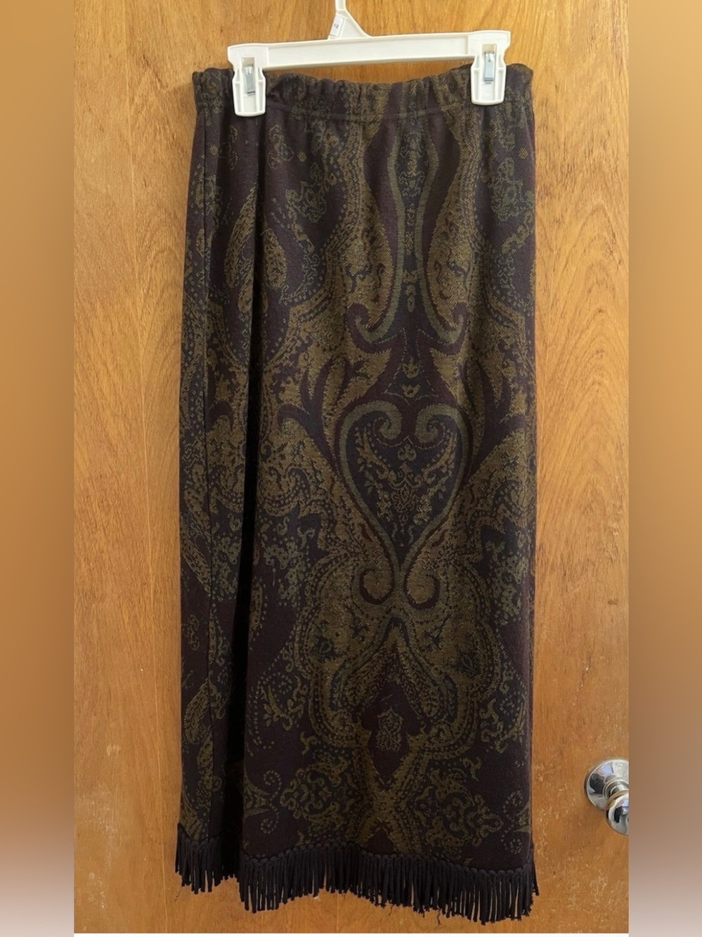 Nina Leonard XS Brown Paisley Knit Long Skirt with Slit and Fringe, A-Line